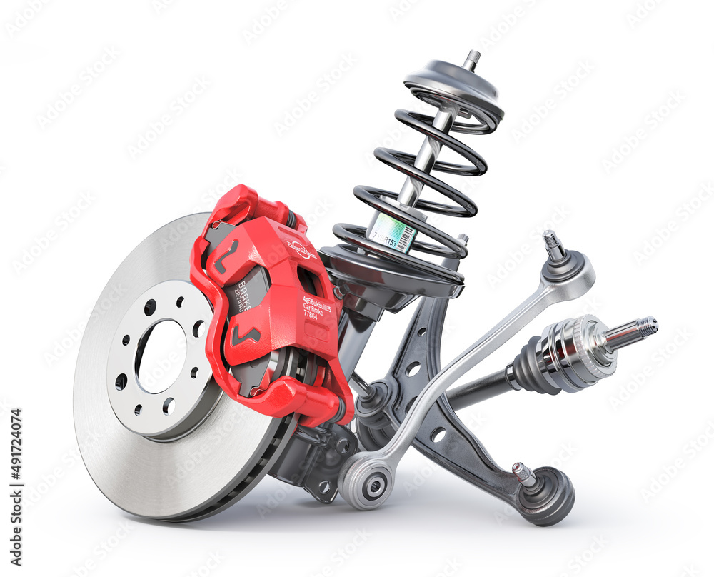 Car brake disk with car suspension elements. Auto parts on a white