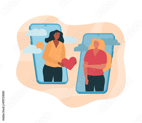 Woman supports female. Girls in smartphones, social networks and Internet. Support, care and love. Charity, womens solidarity. Friends and communication on Internet. Cartoon flat vector illustration