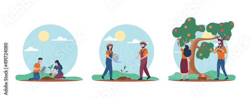Caring of tree stages. Environmental activists and concern for nature. Charity or volunteers. Farmers and agriculture. Happy family harvesting, gardeners on nature. Cartoon flat vector illustration