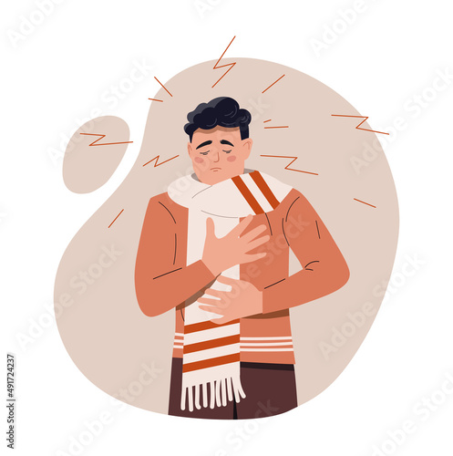 Sick boy with scarf. Young guy gets sick, cold season and cold. Poor health, autumn or winter. Sore throat problems and runny nose, fever. Treatment with drugs. Cartoon flat vector illustration
