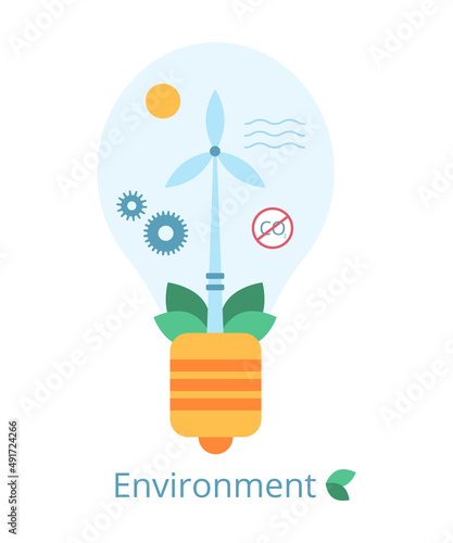 ESG Concept of Environment. Renewable energy from natural resources. A light bulb with a wind turbine, leaves, sun, and a "No CO2" sign inside. Vector illustration on white background in flat style.