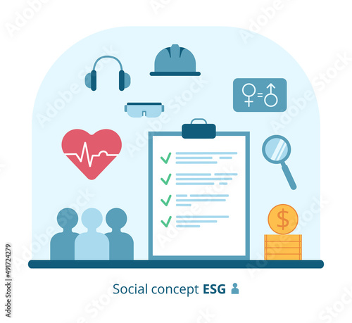 Social Concept ESG. The working conditions of employees, their health, safety, gender balance, respect for human rights and work regulations, decent wages. Vector illustration on white background.