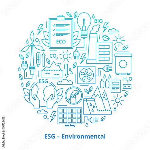 Set of ESG, ECO, BIO icons. ESG environmental criteria, icons placed in the form of a circle. Gradient. Vector illustration isolated on white background.