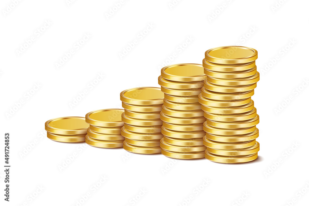 Growing columns of round glossy golden coins on a white background. Vector 3D illustration Growing columns of round glossy golden coins on a white background. Vector 3D illustration