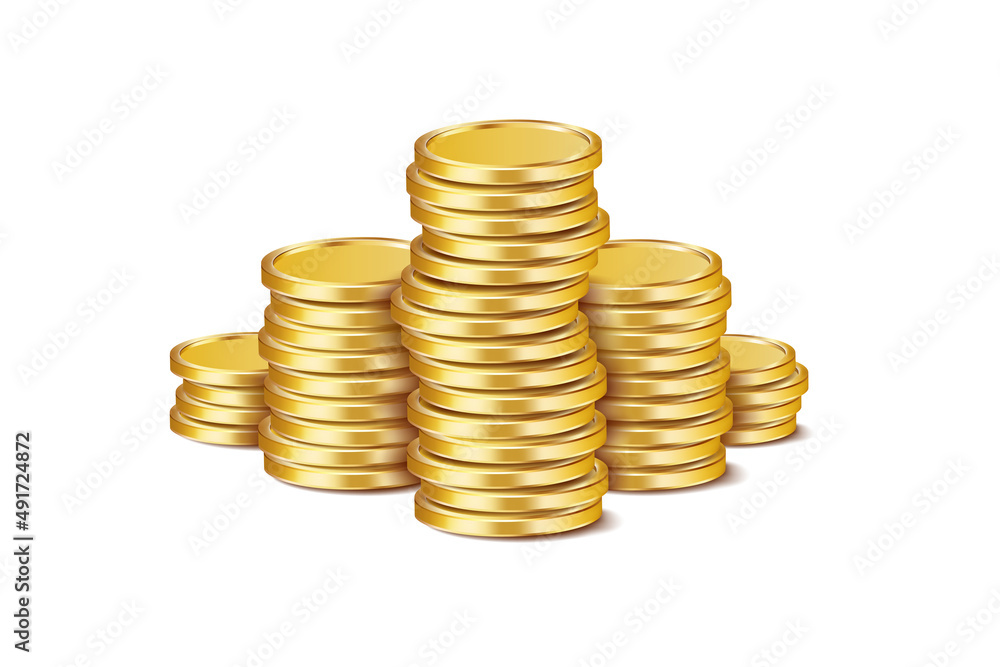 Columns of round glossy gold coins with growth in the center on a white background. Increase your earnings. Vector 3D illustration Columns of round glossy gold coins with growth in the center on a white background. Increase your earnings. Vector 3D illustration