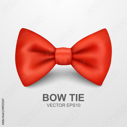 Vector 3d Realistic Red Bow Tie Icon Closeup Isolated on White Background. Silk Glossy Bowtie, Tie Gentleman. Mockup, Design Template. Bow tie for Man. Mens Fashion, Fathers Day Holiday