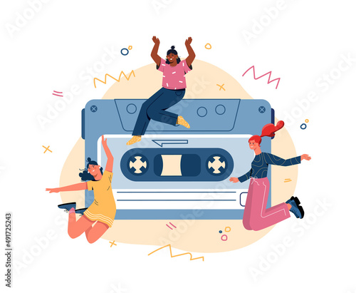 Favourite playlist concept. Girls jumping next to audio cassette. Disco and party, apositive characters dance. Poster or banner for website. Love for music metaphor. Cartoon flat vector illustration photo