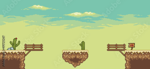 Pixel art desert game scene with cactuses, bridge, floating island 8bit landscape background