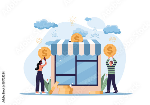 Financing business concept. Man and girl with coins in their hands. Investors and investments, financial literacy, small business support. Sources of company income. Cartoon flat vector illustration