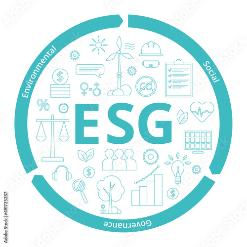 ESG Concept of Environmental, Social and Governance. Capital letters with icons that reveal their meaning. Vector illustration isolated on a white background.