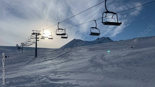 Ski lift (Chair lift). Erciyes mountain and skiing center in Kayseri. Winter sports and recreation, leisure outdoor activities.