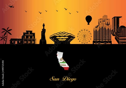 San Diego city skyline silhouette - illustration, 
Town in Orange background, 
Map of California