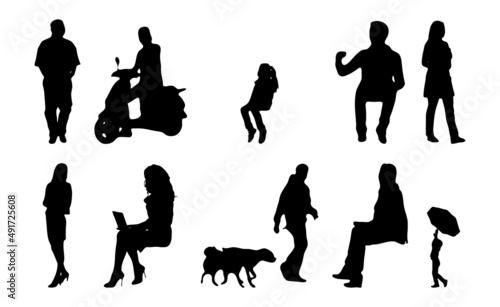 Vector silhouettes, Outline silhouettes of people, Contour drawing, people silhouette, Icon Set Isolated, Silhouette of sitting people, Architectural set	
