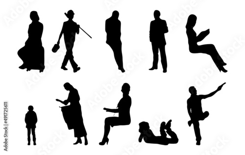 Vector silhouettes, Outline silhouettes of people, Contour drawing, people silhouette, Icon Set Isolated, Silhouette of sitting people, Architectural set	
