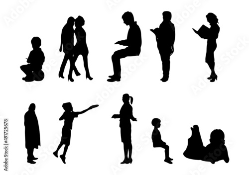 Vector silhouettes, Outline silhouettes of people, Contour drawing, people silhouette, Icon Set Isolated, Silhouette of sitting people, Architectural set	
