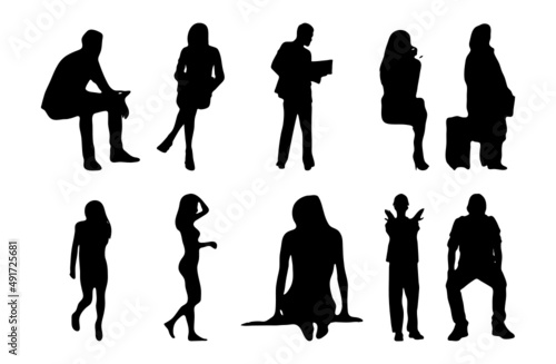 Vector silhouettes, Outline silhouettes of people, Contour drawing, people silhouette, Icon Set Isolated, Silhouette of sitting people, Architectural set	
