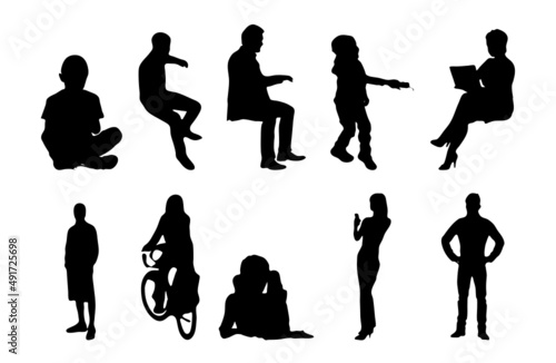 Vector silhouettes, Outline silhouettes of people, Contour drawing, people silhouette, Icon Set Isolated, Silhouette of sitting people, Architectural set	
