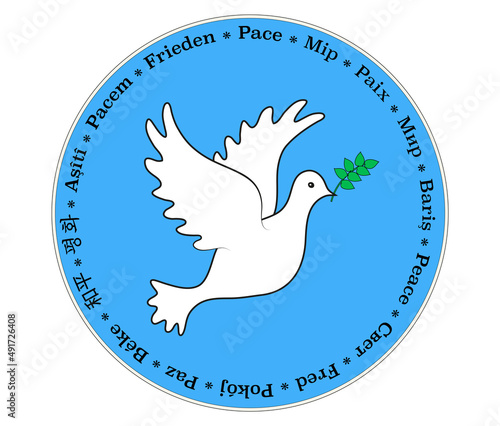 Aufkleber mit weiße Friedenstaube, und Text -Peace- in verschiedene Sprachen, Button mit Text International, 
Vektor Illustration isoliert auf weißem Hintergrund
