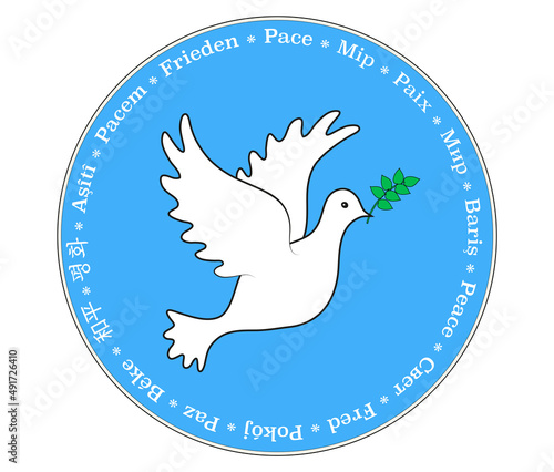 Aufkleber mit weiße Friedenstaube, und Text -Peace- in verschiedene Sprachen, Button mit Text International, 
Vektor Illustration isoliert auf weißem Hintergrund
