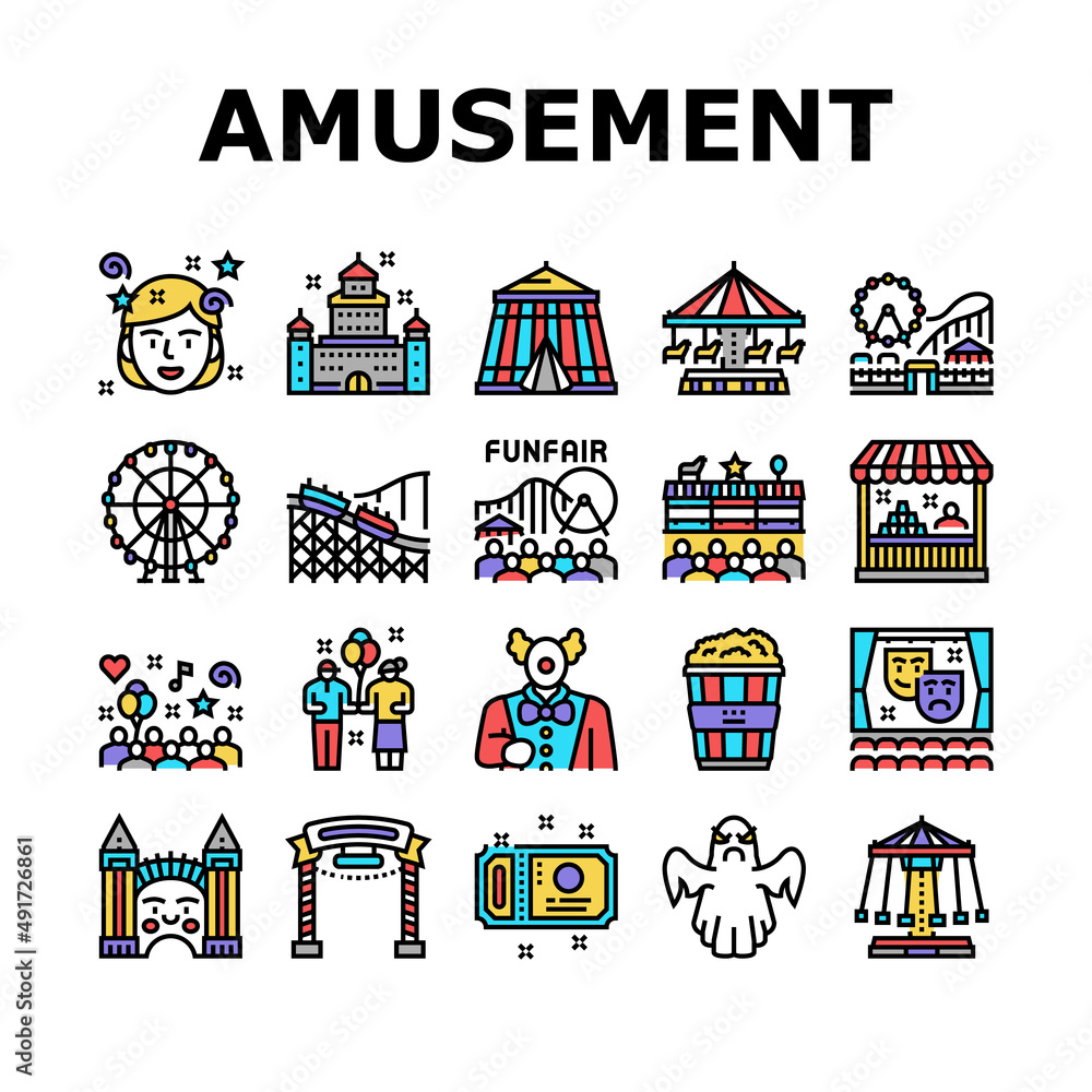 Amusement Park Entertainment Icons Set Vector. Amusement Park Rollercoaster Attraction And Swing Carousel, Circus Clown Spectacle And Festival Line. Popcorn Food And Ticket Color Illustrations Amusement Park Entertainment Icons Set Vector. Amusement Park Rollercoaster Attraction And Swing Carousel, Circus Clown Spectacle And Festival Line. Popcorn Food And Ticket Color Illustrations