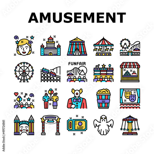 Amusement Park Entertainment Icons Set Vector. Amusement Park Rollercoaster Attraction And Swing Carousel, Circus Clown Spectacle And Festival Line. Popcorn Food And Ticket Color Illustrations