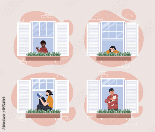 People in windows. Picture of apartment building or building, neighbors in summer or spring house. Classes indoor. Man with cat, girl with book, children sleeping. Cartoon flat vector illustration
