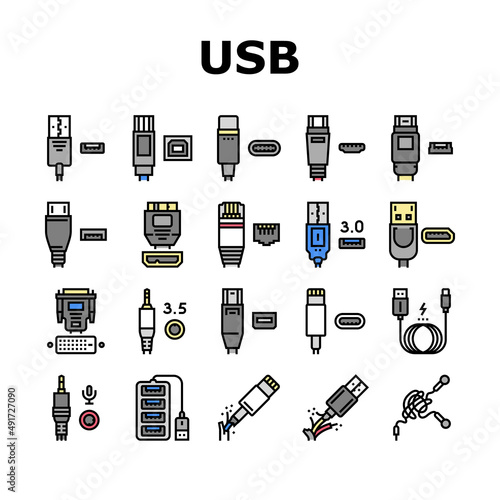Usb Cable And Port Purchases Icons Set Vector. 3.0 Usb Cable And Dp Displayport, Tangle Earphone And Hub, Thunderbolt And Charger, Mini Jack And Microphone Line. Color Illustrations