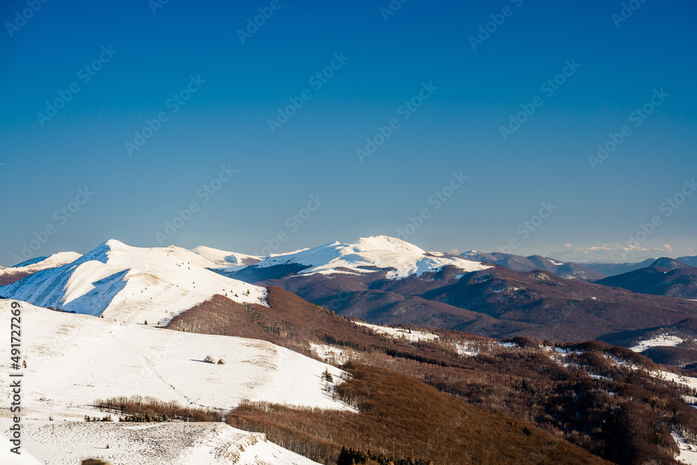 Winter in Bieszczady mountains landscape and beautiful light.