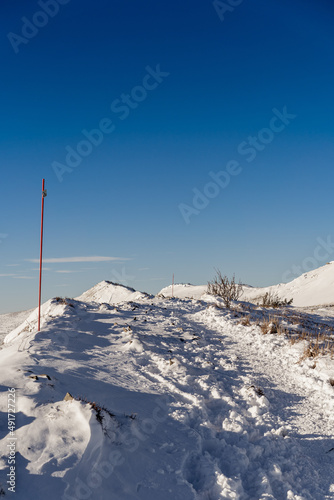 Winter in Bieszczady mountains landscape and beautiful light. © Snowboy