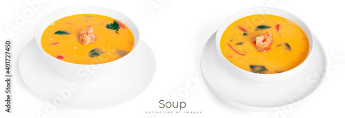 Soup with shrimps isolated on a white background. Thai soup with seafood. Thai tom yum soup