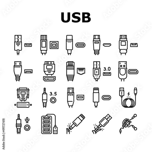 Usb Cable And Port Purchases Icons Set Vector. 3.0 Usb Cable And Dp Displayport, Tangle Earphone And Hub, Thunderbolt And Charger, Mini Jack And Microphone Black Contour Illustrations