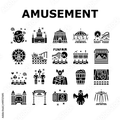 Amusement Park Entertainment Icons Set Vector. Amusement Park Rollercoaster Attraction And Swing Carousel, Circus Clown Spectacle And Festival Glyph Pictograms Black Illustrations