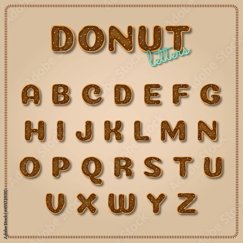 Decorative font in donut design. Alphabetical set with sweet letters in bakery donut style. Alphabet in chocolate vector design.