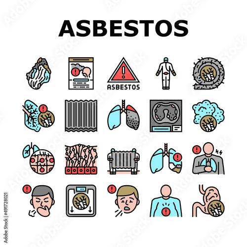 Asbestos Material And Problem Icons Set Vector. Asbestos Removal Service And Protection, Lung And Abdominal Pain Mesothelioma Health Disease, Painful Coughing Symptom Color Illustrations