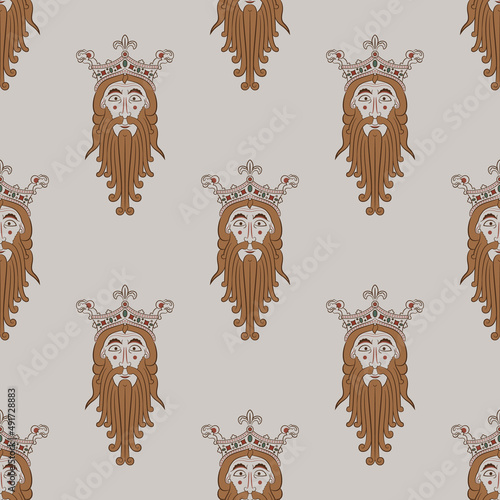 Seamless vintage pattern with heads of bearded men in royal crowns. Norse god Woden or Odin. On white background.