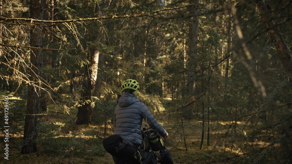 The woman travel on mixed terrain cycle touring with bike bikepacking outdoor. The traveler journey with bicycle bags. Stylish bikepacking, bike, sportswear in green black colors. Magic forest park. The woman travel on mixed terrain cycle touring with bike bikepacking outdoor. The traveler journey with bicycle bags. Stylish bikepacking, bike, sportswear in green black colors. Magic forest park.