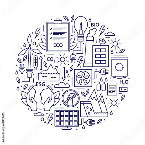 Set of ESG, ECO, BIO icons. ESG environmental criteria, icons placed in the form of a circle. Vector illustration isolated on white background.