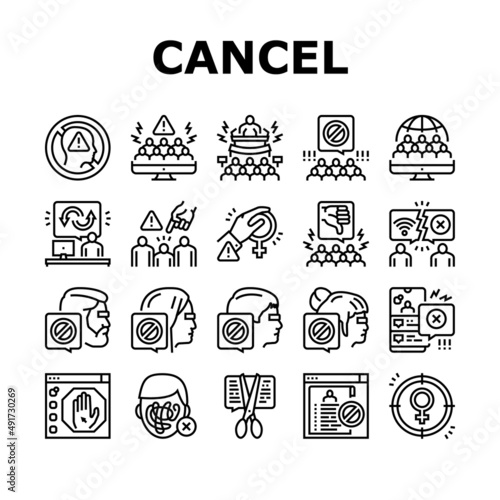 Cancel Culture And Discrimination Icons Set Vector. Cancel Male And Female Person, Backlash People And Social Boycott Problem, Harassment And Sexism Society Reaction Black Contour Illustrations