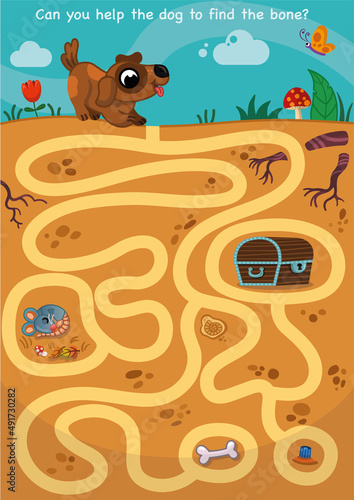 Can you help the dog to find the bone? Maze illustration for children.
