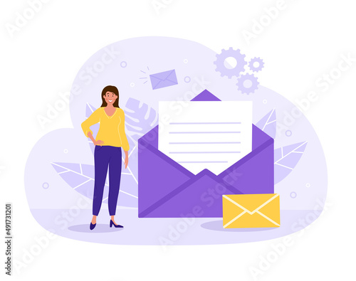 Business message concept. Girl standing next to open envelope. Business mailing and promotion on Internet. SEO specialist or modern marketing, company development. Cartoon flat vector illustration