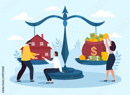 Business valuation concept. Characters make deal, money and house on scales. Family acquires real estate, investments and financial literacy. Building analytics. Cartoon flat vector illustration