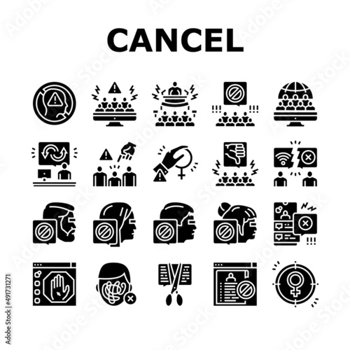 Cancel Culture And Discrimination Icons Set Vector. Cancel Male And Female Person, Backlash People Social Boycott Problem, Harassment And Sexism Society Reaction Glyph Pictograms Black Illustrations