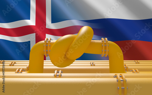 Fuel gas pipeline with a knot on background of Iceland and Russian flags. EU industrial economic sanctions. Energy embargo. Oil import export from the world fuel trade market restricts.