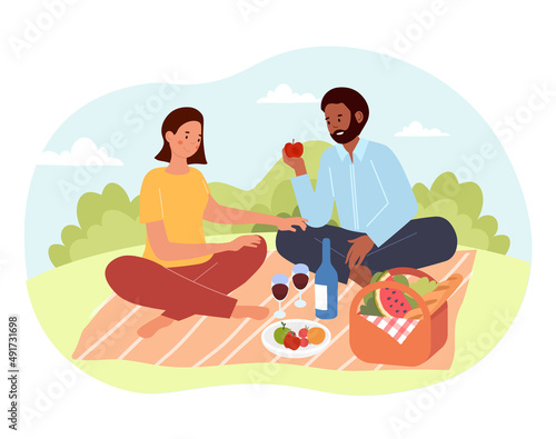 Holidays on picnic. Man and girl with food sitting in nature. Spring and summer weekends, romantic date. Husband and wife with wine glasses communicate, dialog. Cartoon flat vector illustration