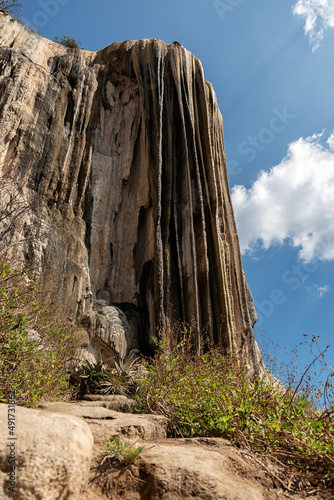 Low angle view of an amazing landscape of petrified waterfalls called "Hierve el agua" located in Oaxaca, Mexico