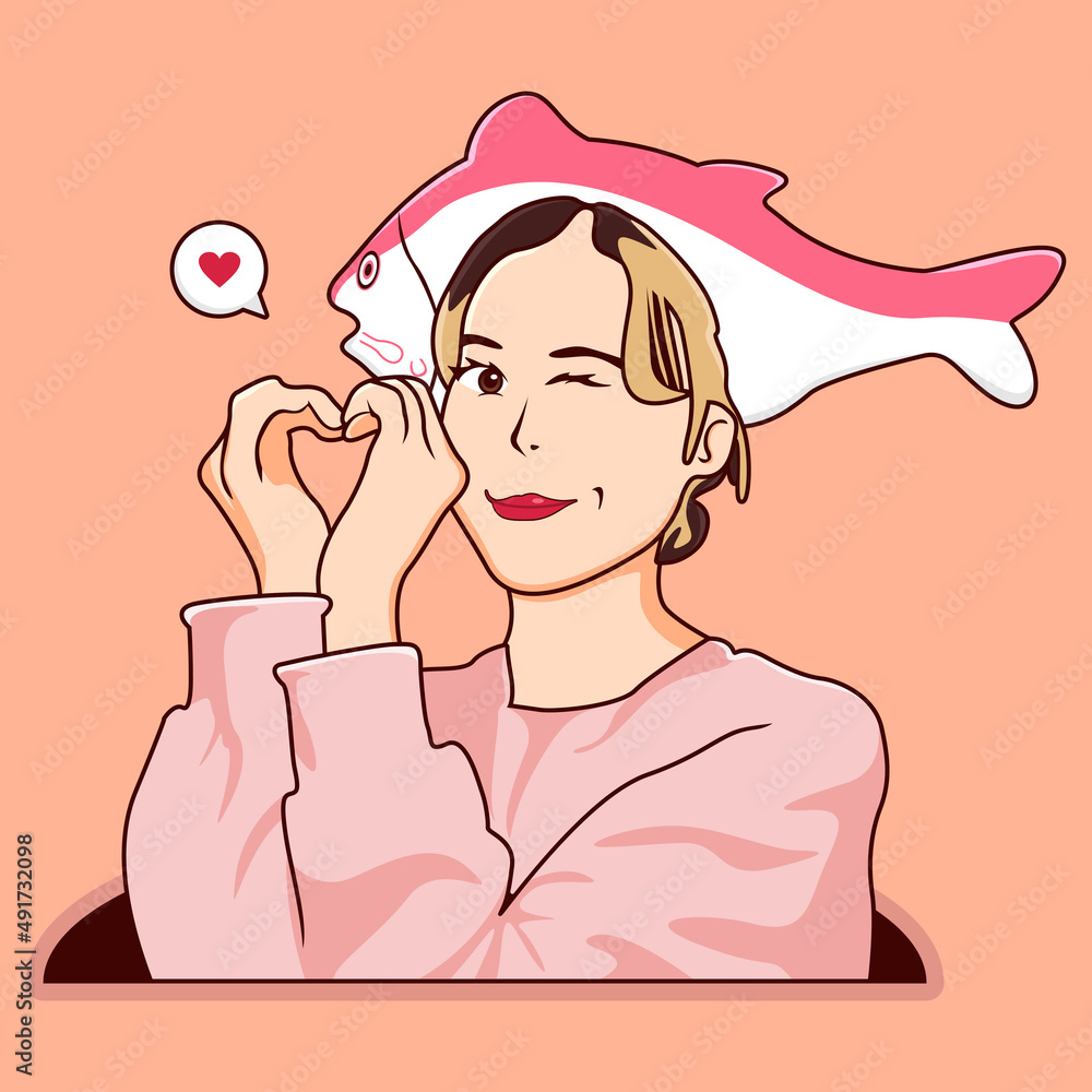 Cute Girl Character wearing Fish Hat with the feeling of Love. Flat Cartoon Style Cute Girl Character wearing Fish Hat with the feeling of Love. Flat Cartoon Style