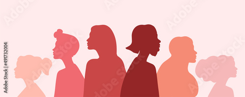Profile group of women. Crowd of abstract silhouettes. Feminism and female power. Poster for international holiday. Unity and equality, tolerance and advanced society. Cartoon flat vector illustration