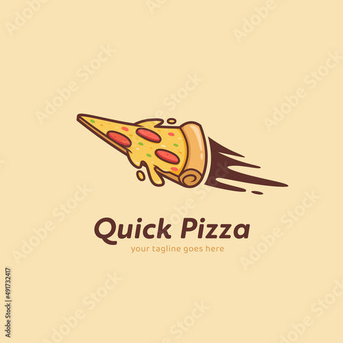 Quick pizza logo, fast pizzeria delivery logo with flying pizza illustration icon