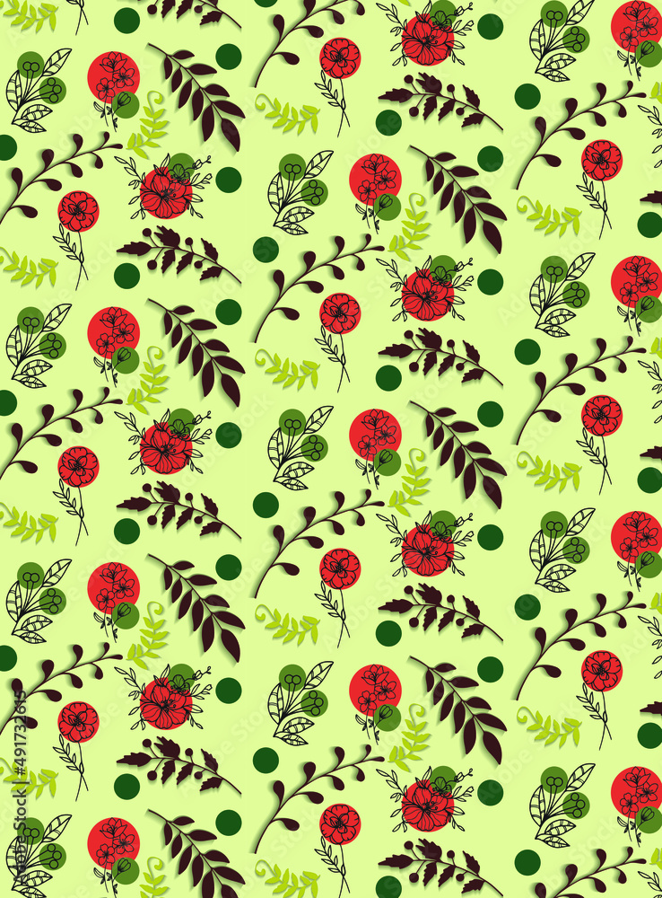 Seamless pattern with flowers and leaves in the paper cut style on the beige background Seamless pattern with flowers and leaves in the paper cut style on the beige background