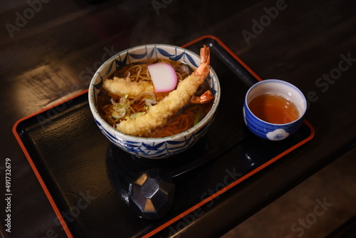 Japanese Tempura Soba. Tempura Soba has deep fried shrimp on noodles and rich soup.